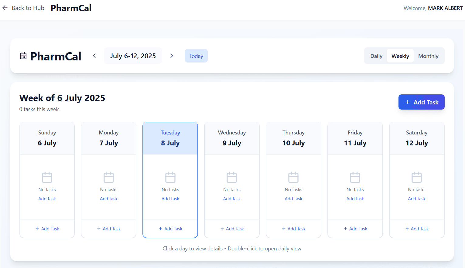 PharmCal Calendar Interface - Weekly view showing scheduled tasks, patient appointments, and priority notifications